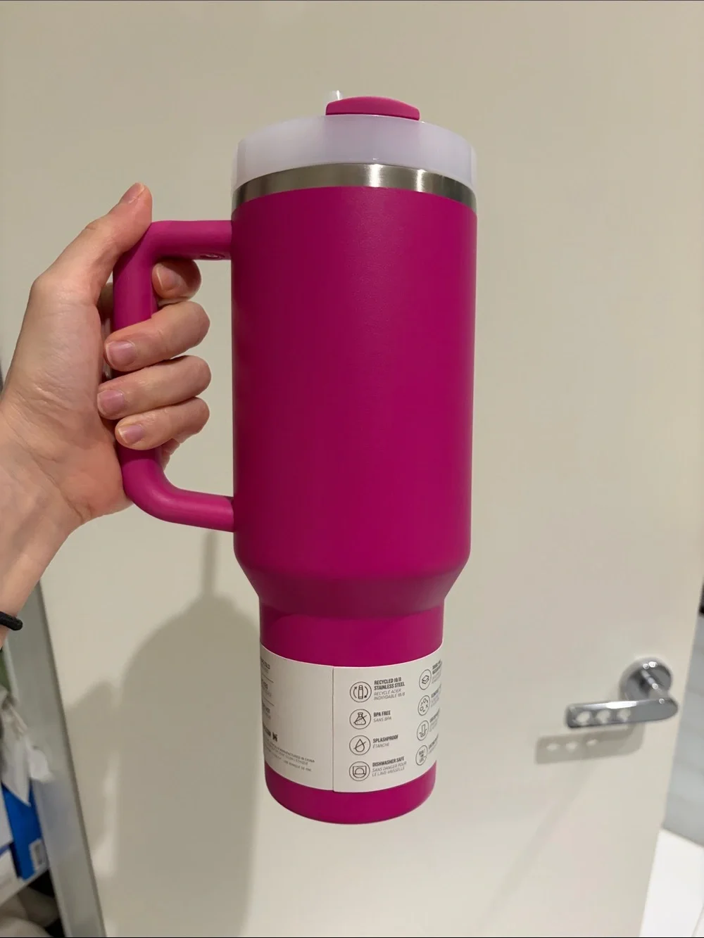 Stanley Hot Pink Travel Tumbler with Handle and White Lid - Picture 2 of 4